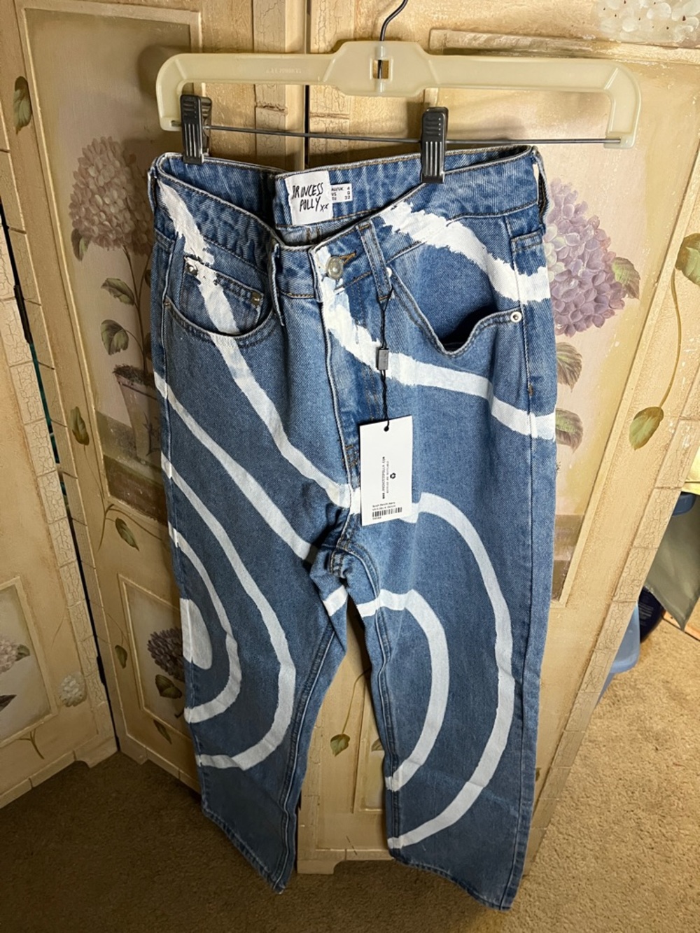 Princess Polly Blue Denim Jeans with White Wave Print — Relaxed Fit